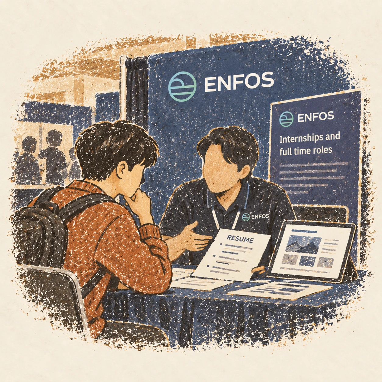 ENFOS 채용 박람회 부스에서 이력서와 프로젝트를 두고 나눈 대화. AI-generated illustration.