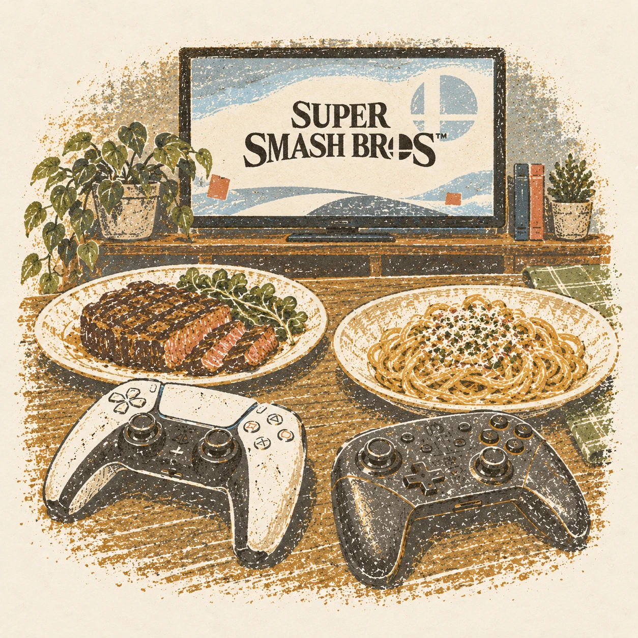 Steak and pasta followed by a round of Super Smash Bros. AI-generated illustration.