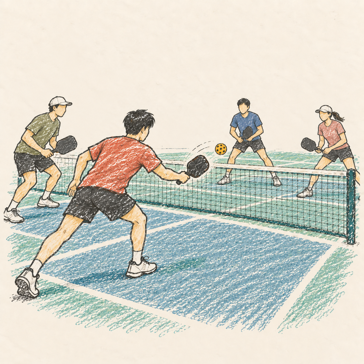 친구들과 함께 다시 피클볼을 치는 장면. AI-generated illustration.