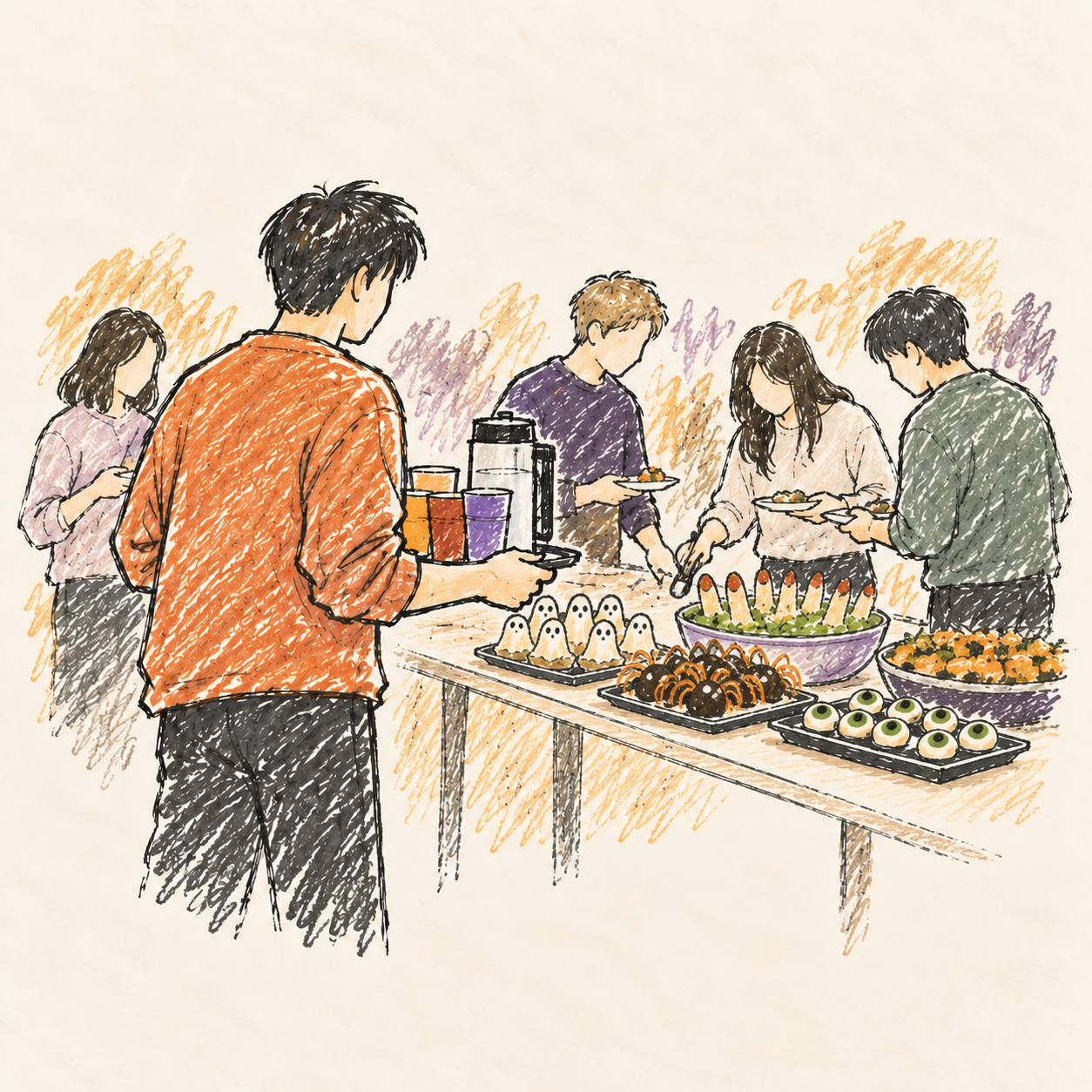 Bringing drinks to my first Halloween potluck. AI-generated illustration.